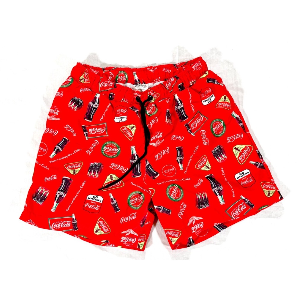 Coca-Cola Men's XL Red Swim Trunks Shorts Vintage Logo Bottle Print Drawstring